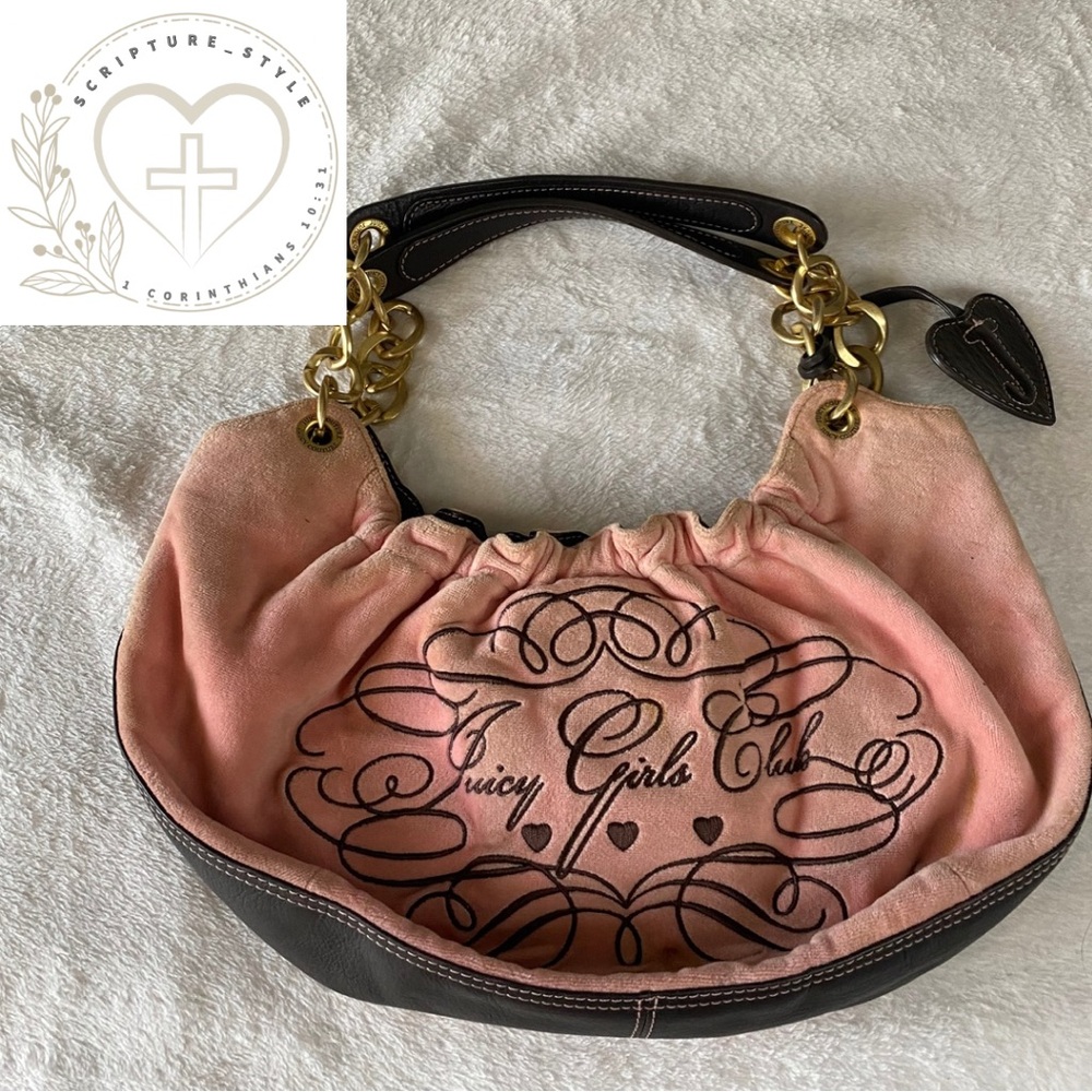 Juicy Couture Pink and Black Shoulder Bag with Gold Chain